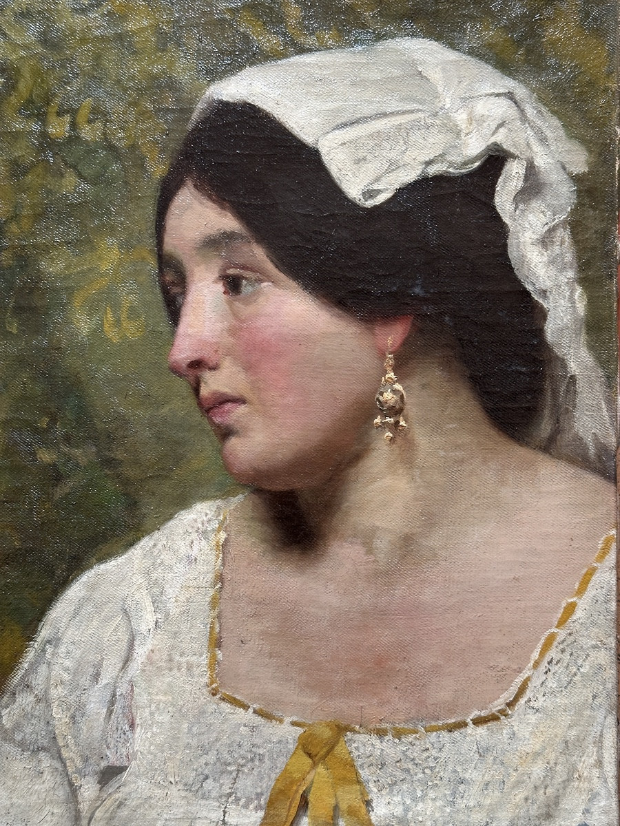 Beau Tableau ancien portrait de jeune femme Brune Napolitaine Naples Italie 19e