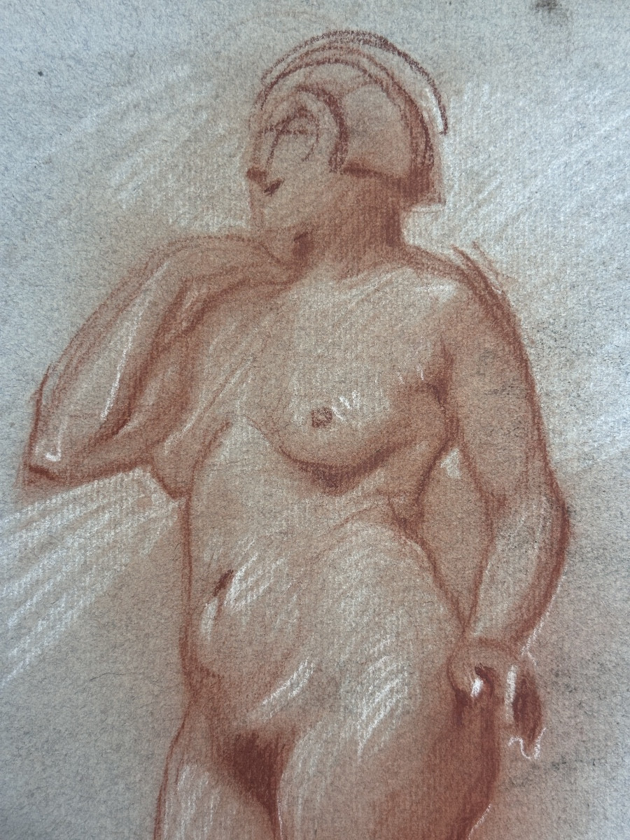  Jean Terles  Beau Dessin ancien portrait Nu féminin tourné à gauche sanguine papier 1930-photo-3