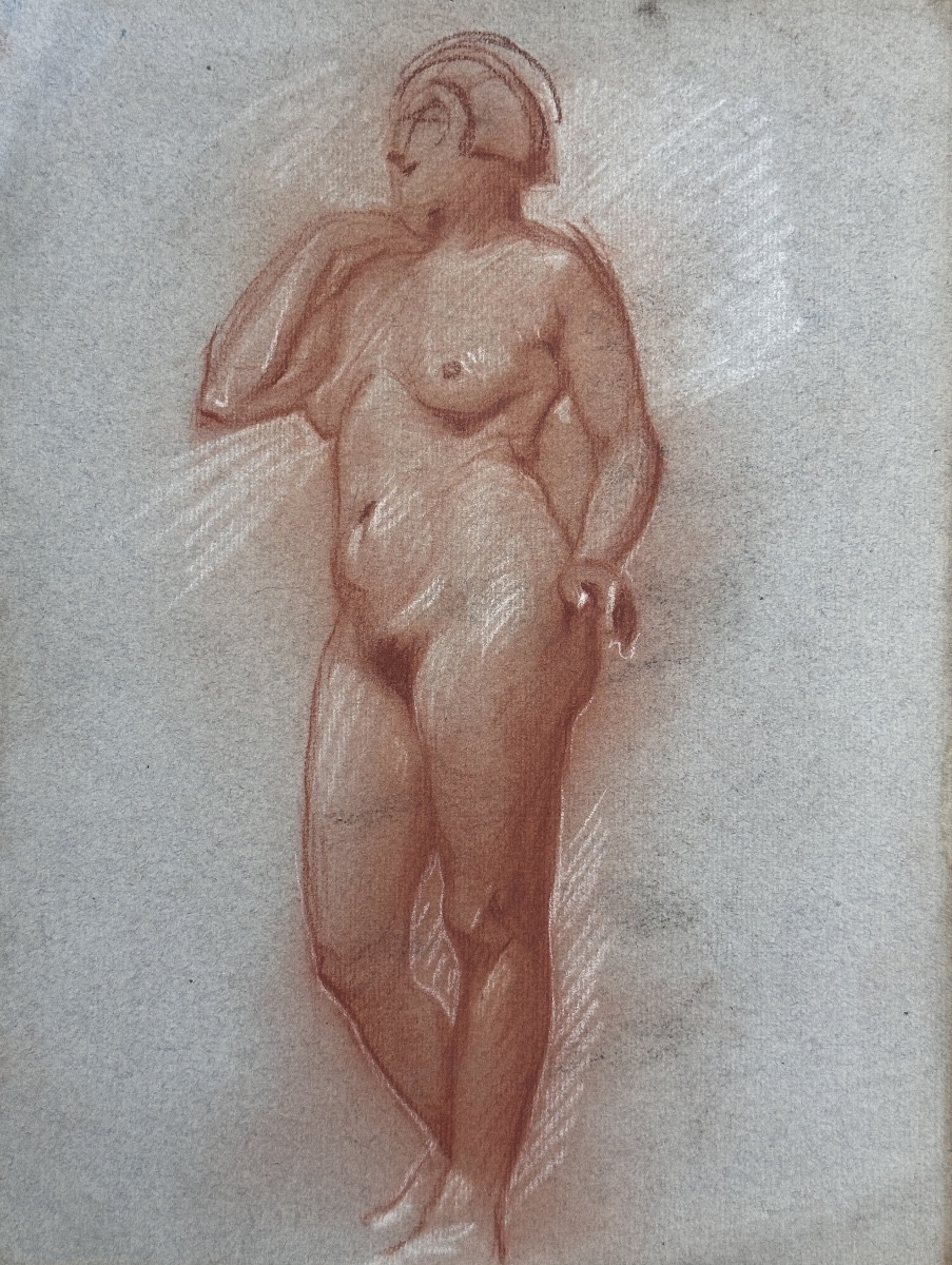  Jean Terles  Beau Dessin ancien portrait Nu féminin tourné à gauche sanguine papier 1930-photo-4