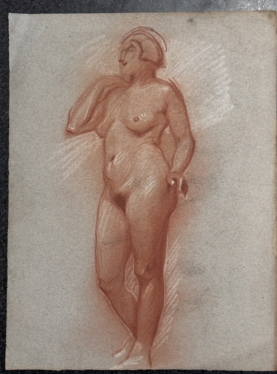  Jean Terles  Beau Dessin ancien portrait Nu féminin tourné à gauche sanguine papier 1930-photo-1