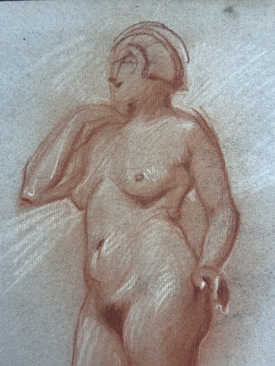 Jean Terles  Beau Dessin ancien portrait Nu féminin tourné à gauche sanguine papier 1930