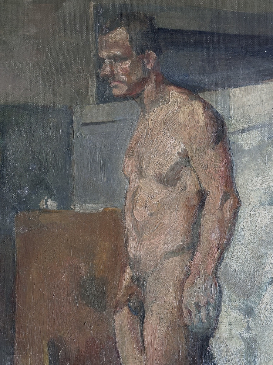 Jean Terles Painting Portrait Of A Man The Nude Model In The Workshop Antique Art Deco Sculpture -photo-2
