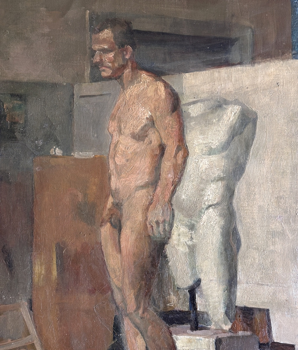 Jean Terles Painting Portrait Of A Man The Nude Model In The Workshop Antique Art Deco Sculpture -photo-3