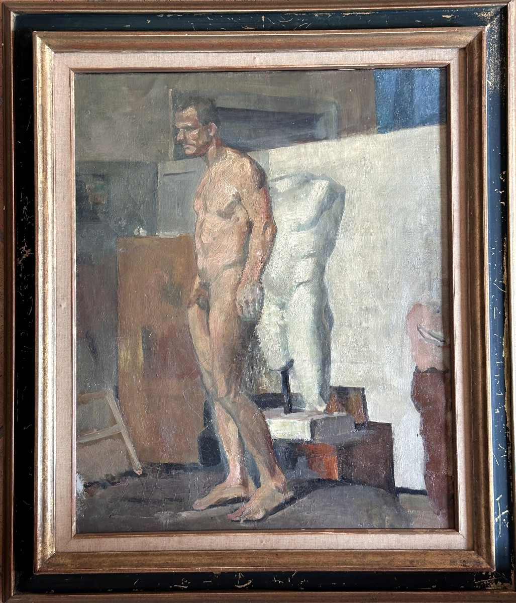 Jean Terles Painting Portrait Of A Man The Nude Model In The Workshop Antique Art Deco Sculpture -photo-4