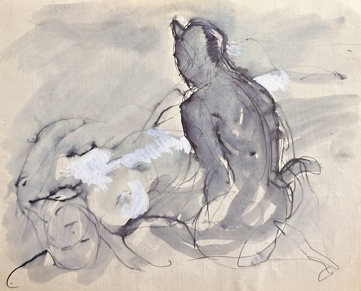 Jean Terles Symbolist Drawing Of A Young Nude Woman Languishing In Front Of A Seated Faun Art Deco 