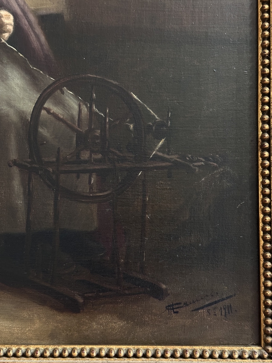 Painting Portrait Of A Woman The Spinner Interior Lorraine School 1911 Nancy-photo-4