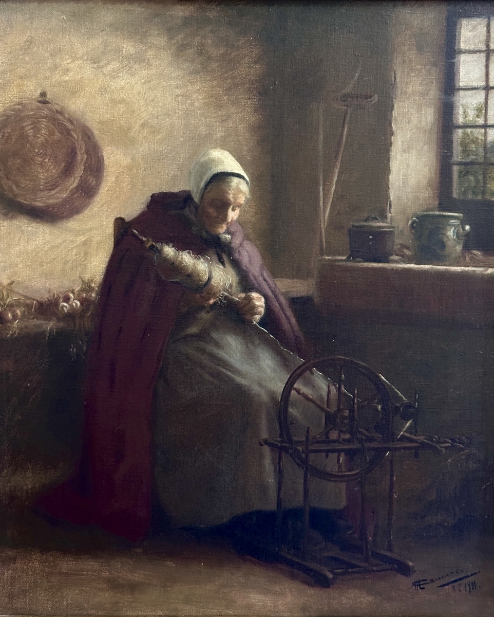 Painting Portrait Of A Woman The Spinner Interior Lorraine School 1911 Nancy