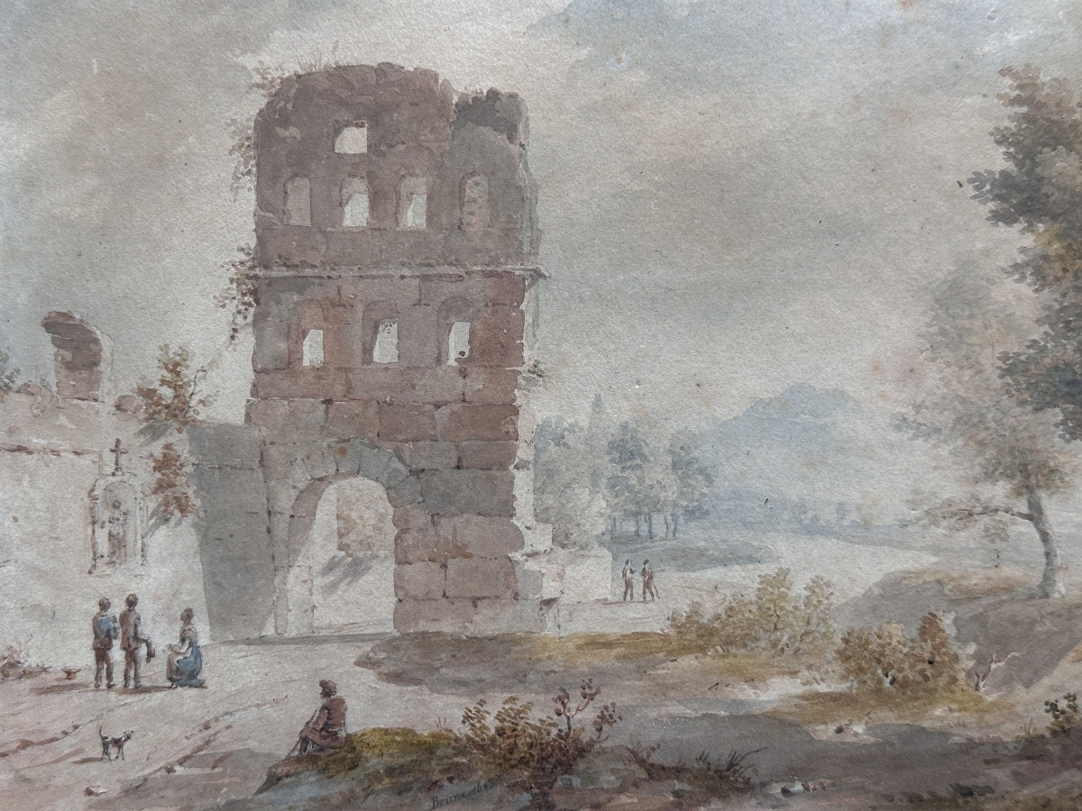 Adolphe Brune Animated Landscape Drawing Ruins Italy Grand Tour Rome Naples 1823 