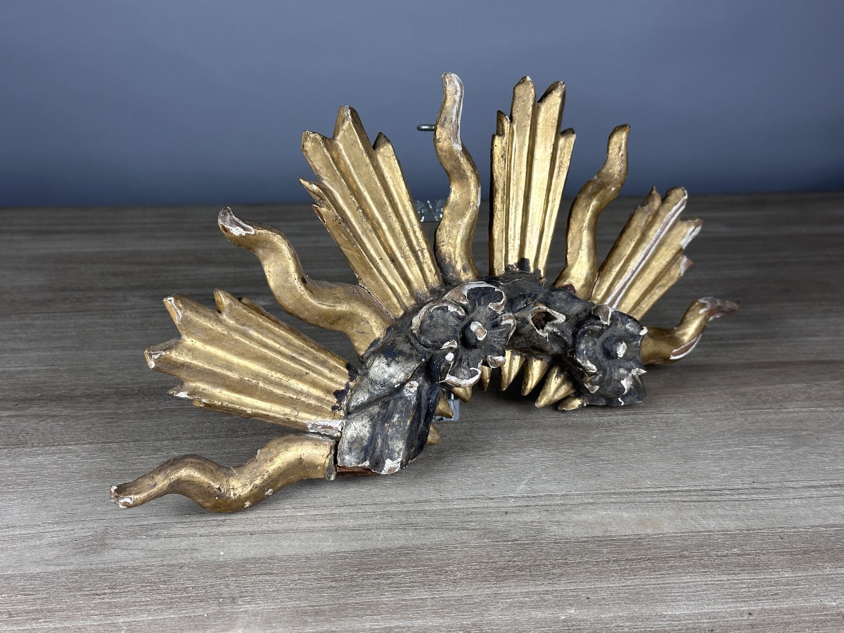 Bel et ancien parement boiserie rayonnant soleil bois doré sculpté 18 ème décor-photo-2