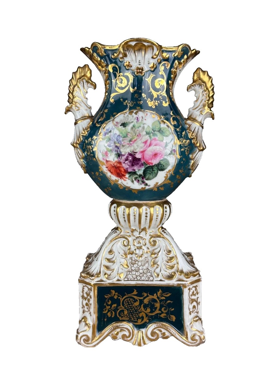 Large Paris Porcelain Vase Painted Flower Bouquet 36 Cm/16 Cm/11 Cm-photo-7