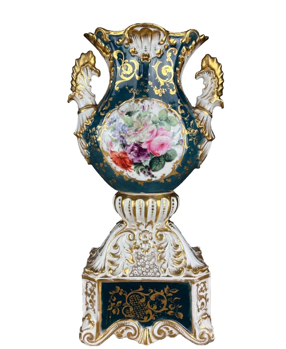 Large Paris Porcelain Vase Painted Flower Bouquet 36 Cm/16 Cm/11 Cm