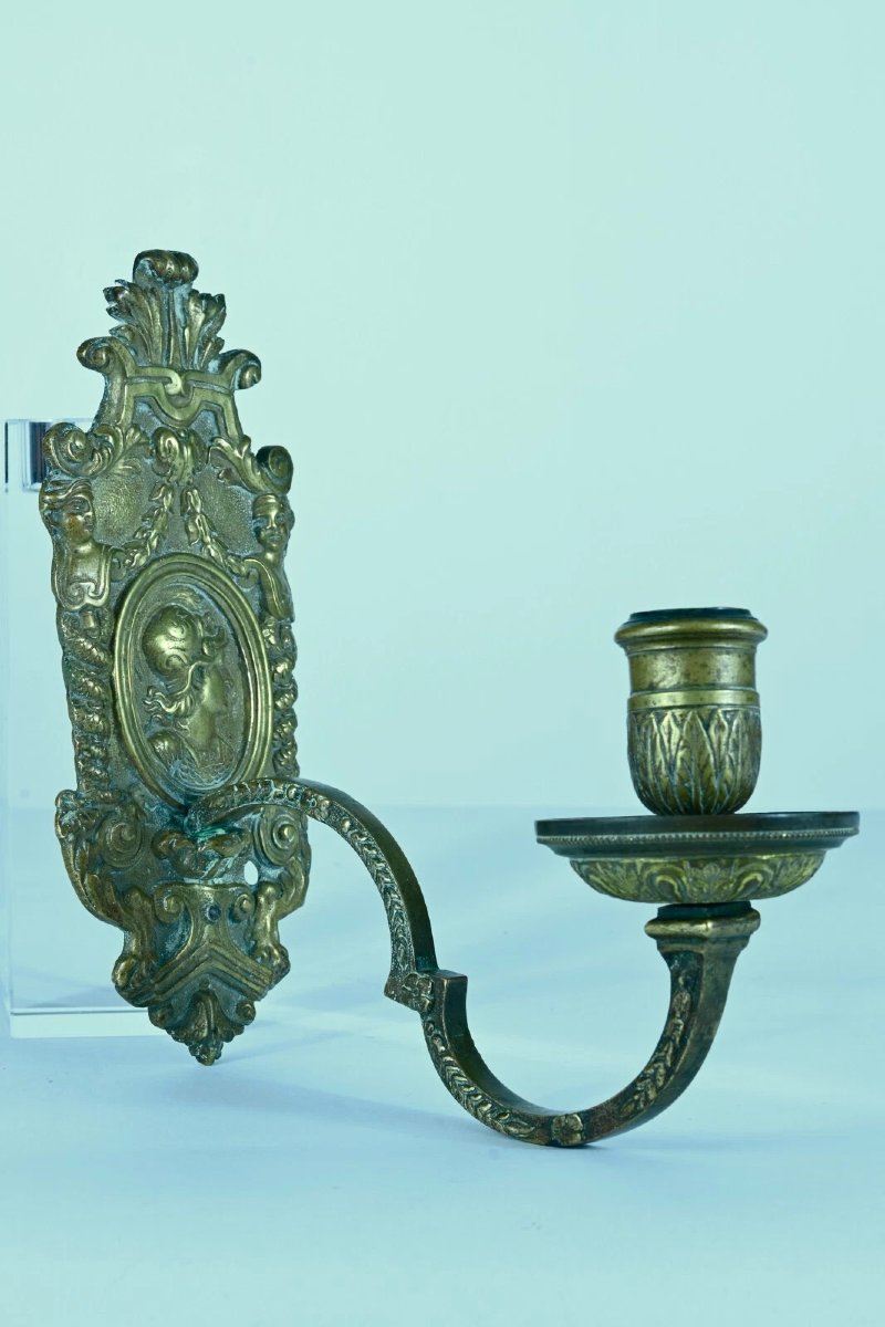 Antique Bronze Wall Lamp Portrait With Minerva Love Medallion Antique Baroque Decor 18th Century-photo-1
