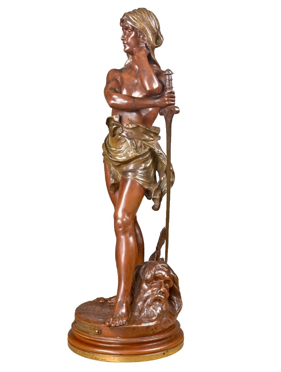 Henri Plé Large Bronze Portrait Of A Man David Conqueror Of Goliath 64cm 19th -photo-1