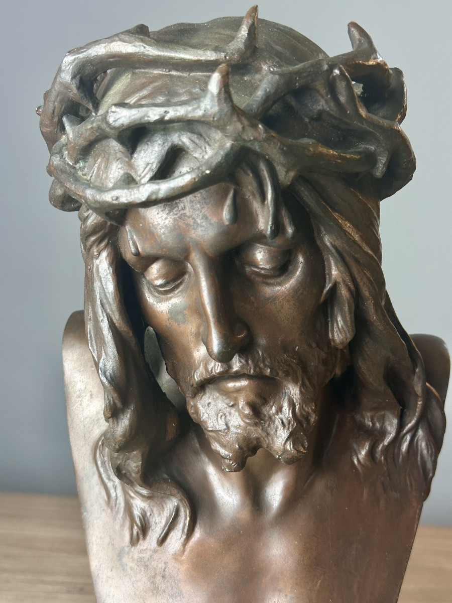 Eugene Marioton Old Large Bronze Portrait Of Christ Crown Of Thorns Siot 19th Jesus -photo-1