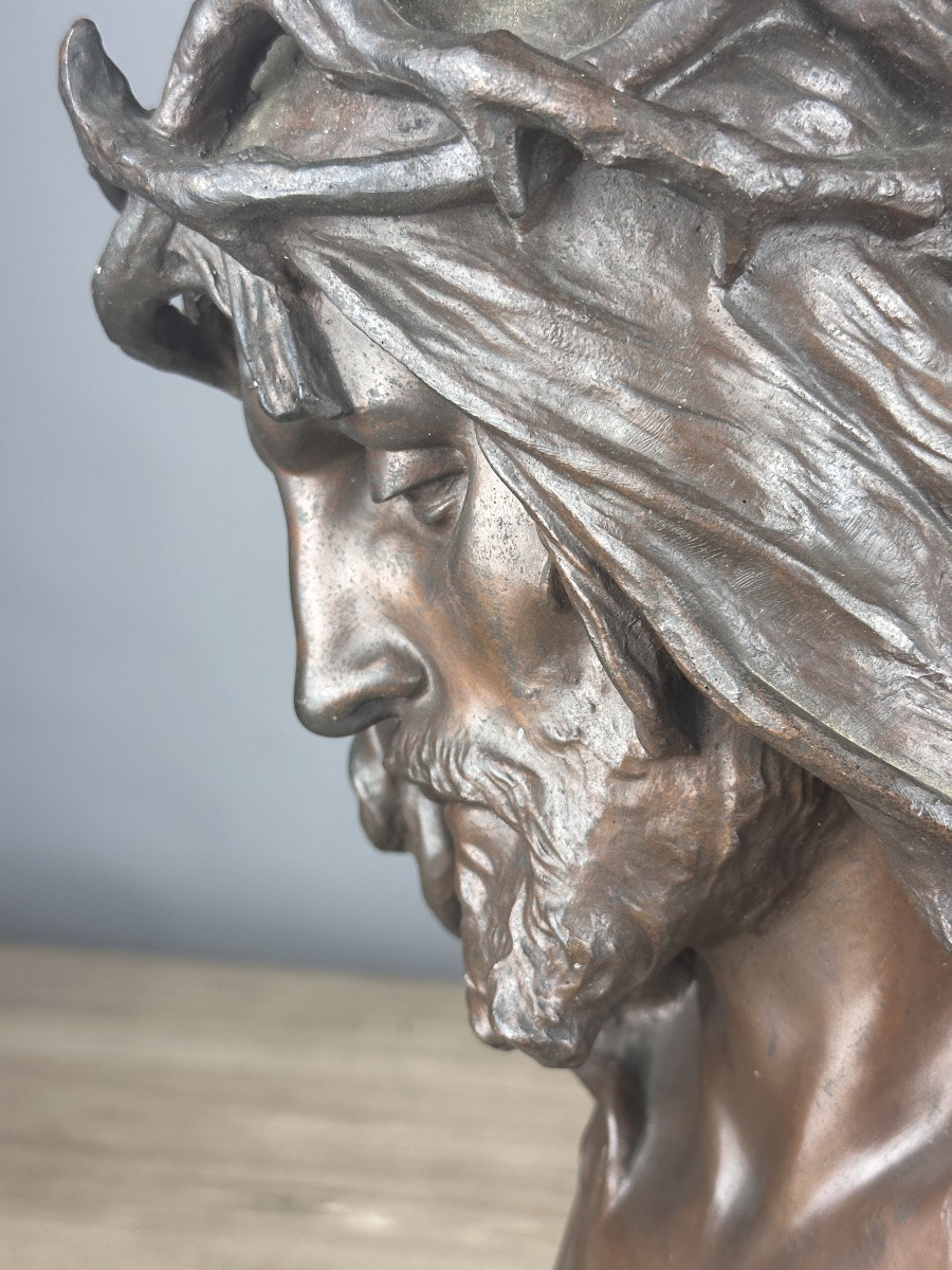 Eugene Marioton Old Large Bronze Portrait Of Christ Crown Of Thorns Siot 19th Jesus -photo-2