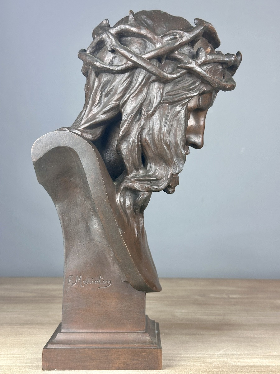 Eugene Marioton Old Large Bronze Portrait Of Christ Crown Of Thorns Siot 19th Jesus -photo-3