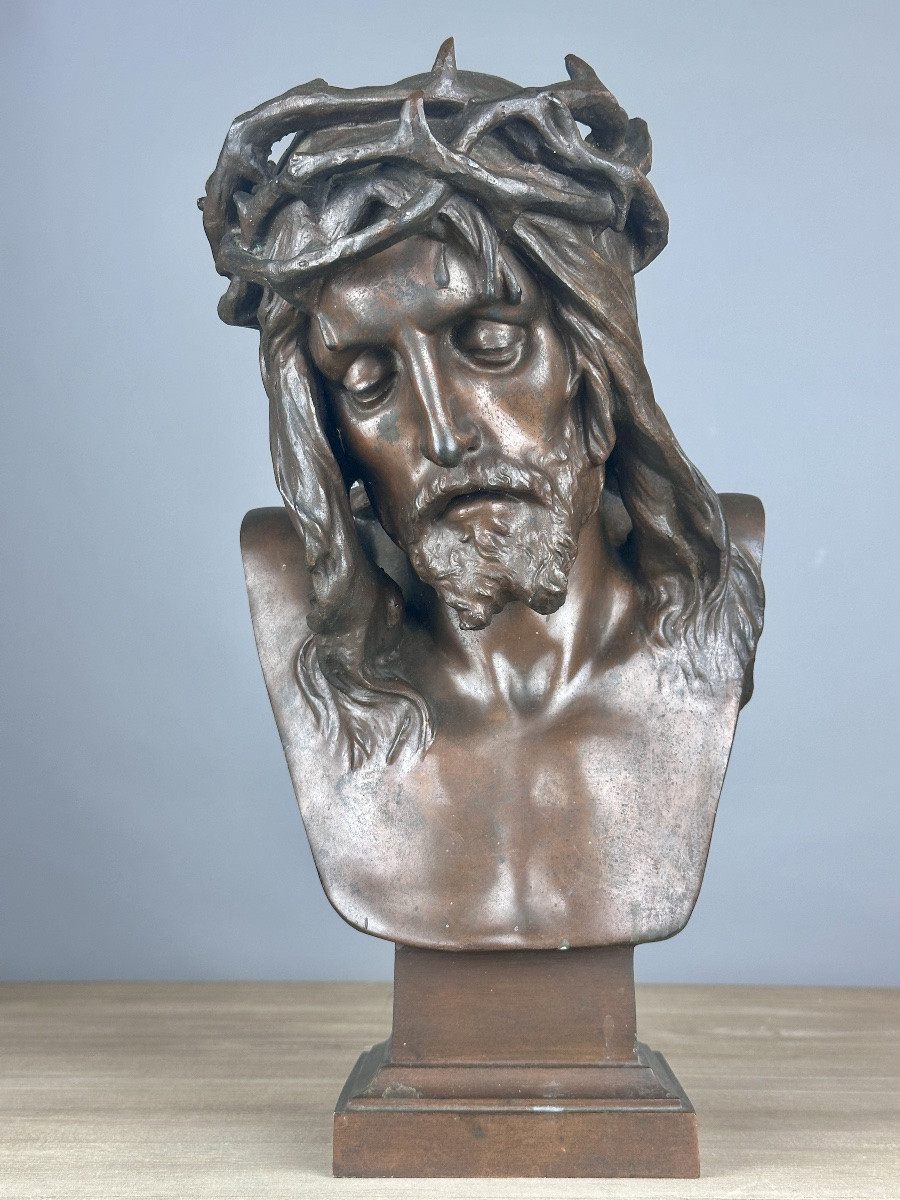 Eugene Marioton Old Large Bronze Portrait Of Christ Crown Of Thorns Siot 19th Jesus -photo-6