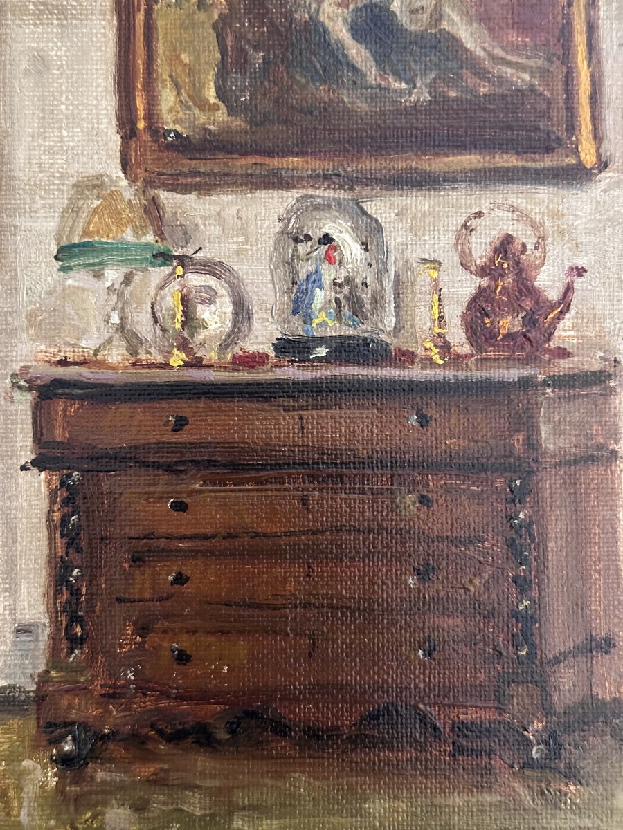 École Française Tableau hst  intérieur Salon tableau commode Suiveur Paul HUGUES / URTIN