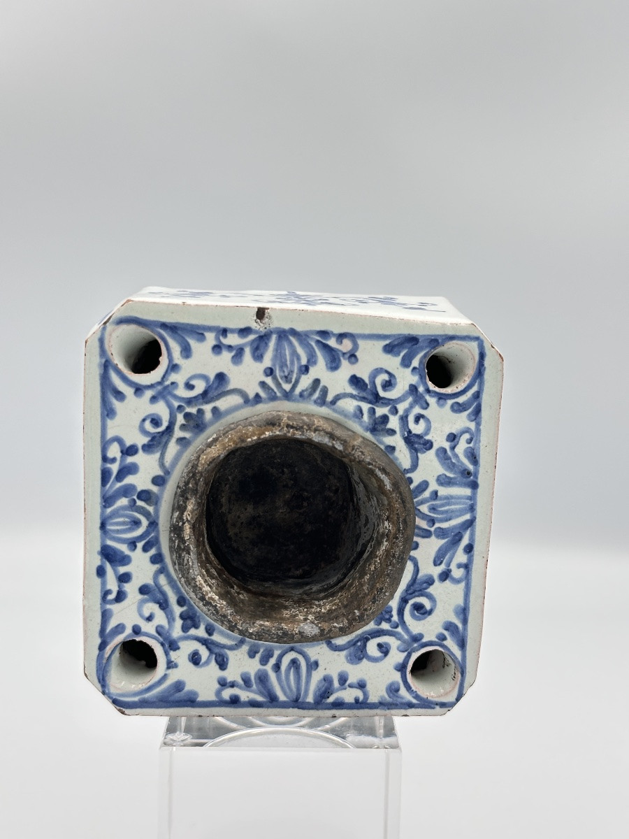 Ancien encrier en Faience d'époque 18 ème godet plomb blanc bleu style de Nevers-photo-6