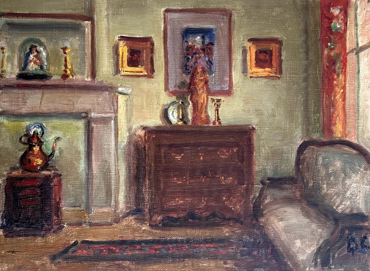Tableau ancien intérieur Salon tableau cheminée Suiveur Paul HUGUES / URTIN hst-photo-2