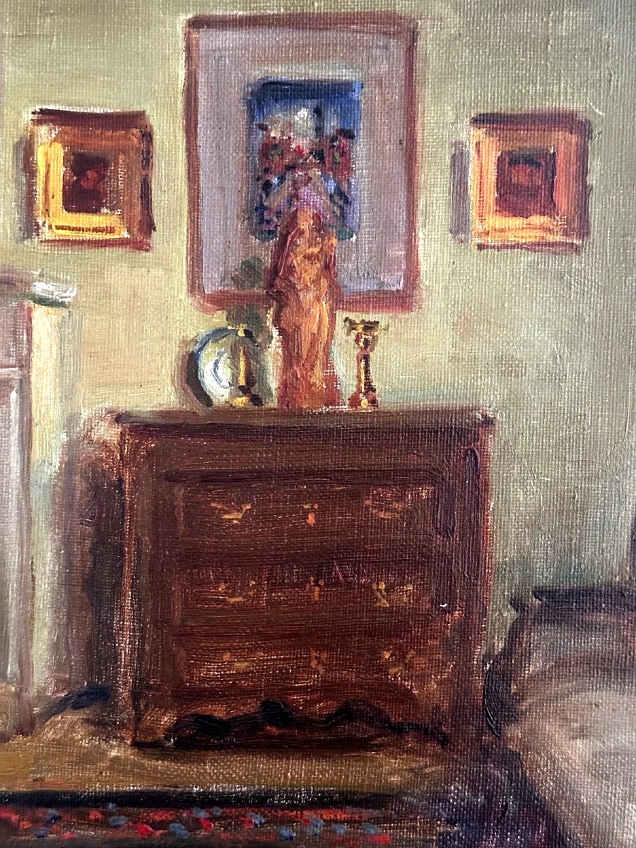 Tableau ancien intérieur Salon tableau cheminée Suiveur Paul HUGUES / URTIN hst-photo-3