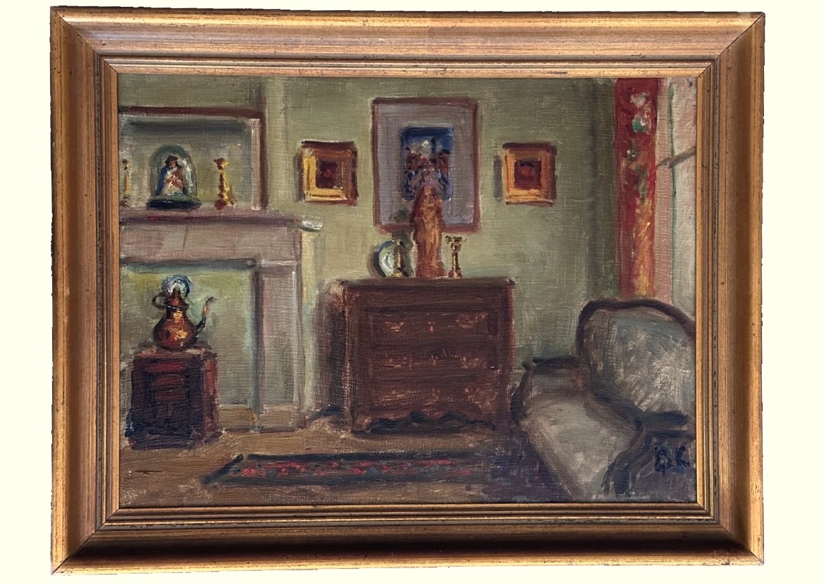 Tableau ancien intérieur Salon tableau cheminée Suiveur Paul HUGUES / URTIN hst-photo-1