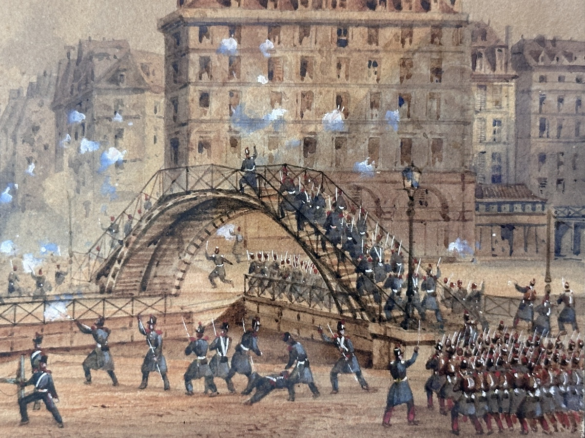 Gaspard Gobaut Old Drawing The Workers' Revolt Paris Faubourg Du Temple Barricade 19th