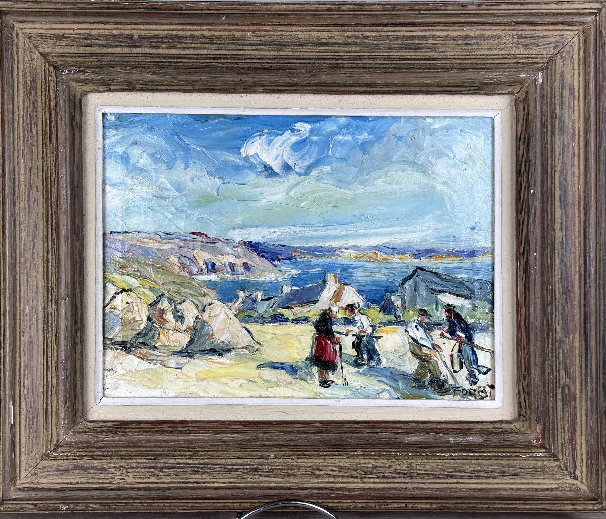 FOREST  Beau Tableau Breton  paysage animé bord de mer Bretagne signé  ART DECO-photo-2