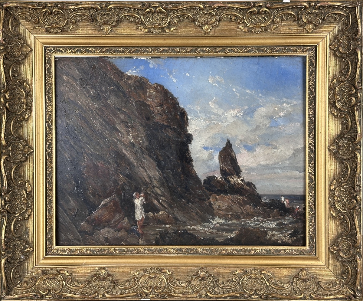 LOUIS-DÉSIRÉ THIÉNON Tableau La plage de GRANVILLE  Animée NORMANDIE 1847 -photo-2