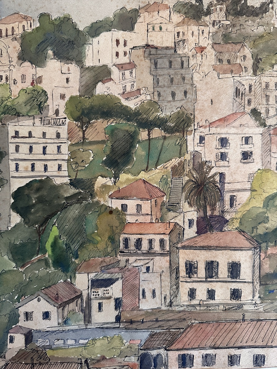 Orientalist Drawing The Heights Of Algiers House Quartier El Madania Art Deco -photo-1