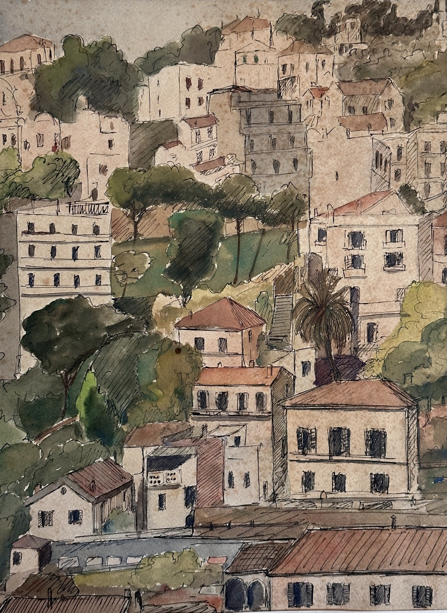 Orientalist Drawing The Heights Of Algiers House Quartier El Madania Art Deco -photo-4