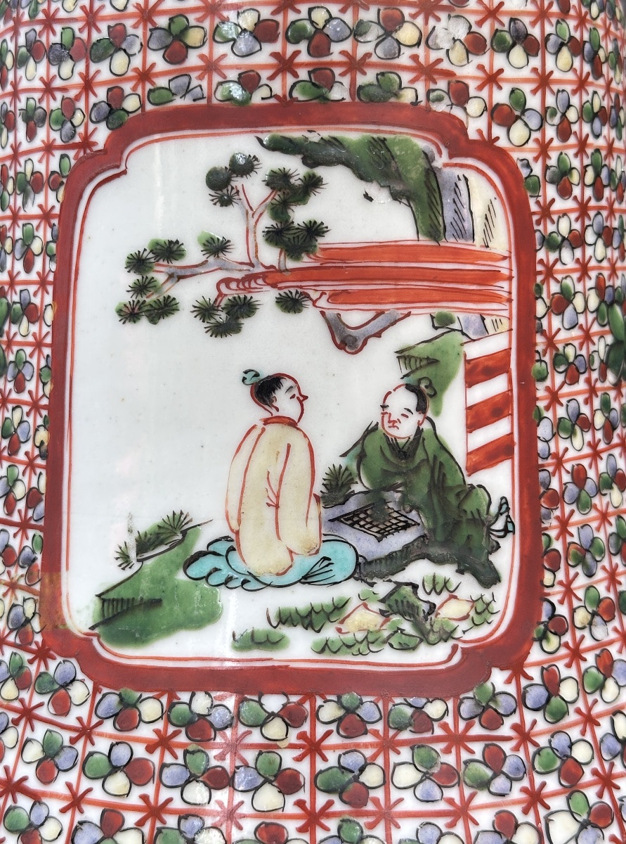 Antique Chinese Famille Verte Lettered Kangxi Scroll Porcelain China Vase-photo-1