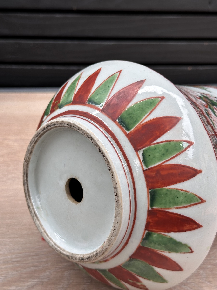 Antique Chinese Famille Verte Lettered Kangxi Scroll Porcelain China Vase-photo-4