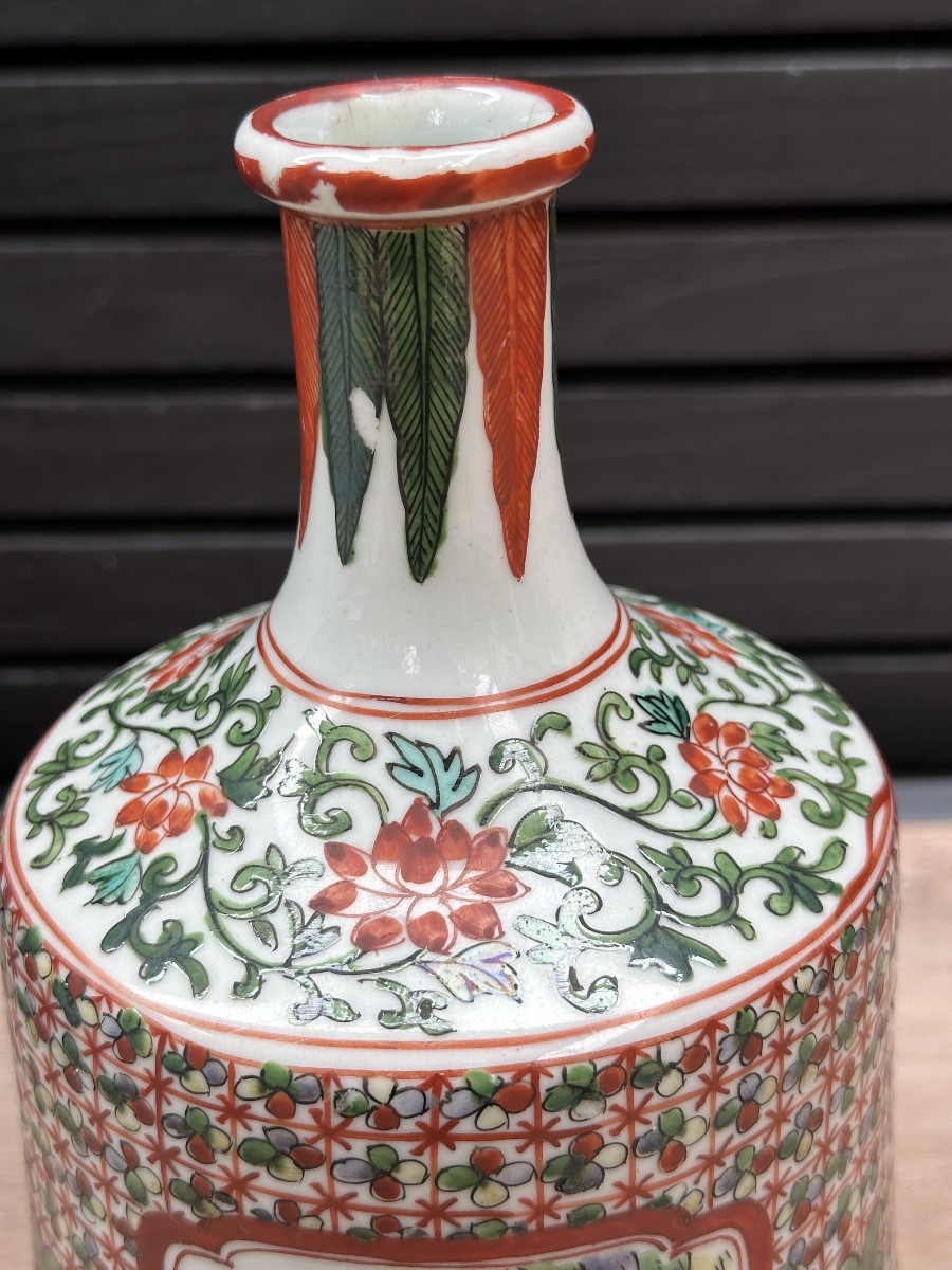 Antique Chinese Famille Verte Lettered Kangxi Scroll Porcelain China Vase-photo-5