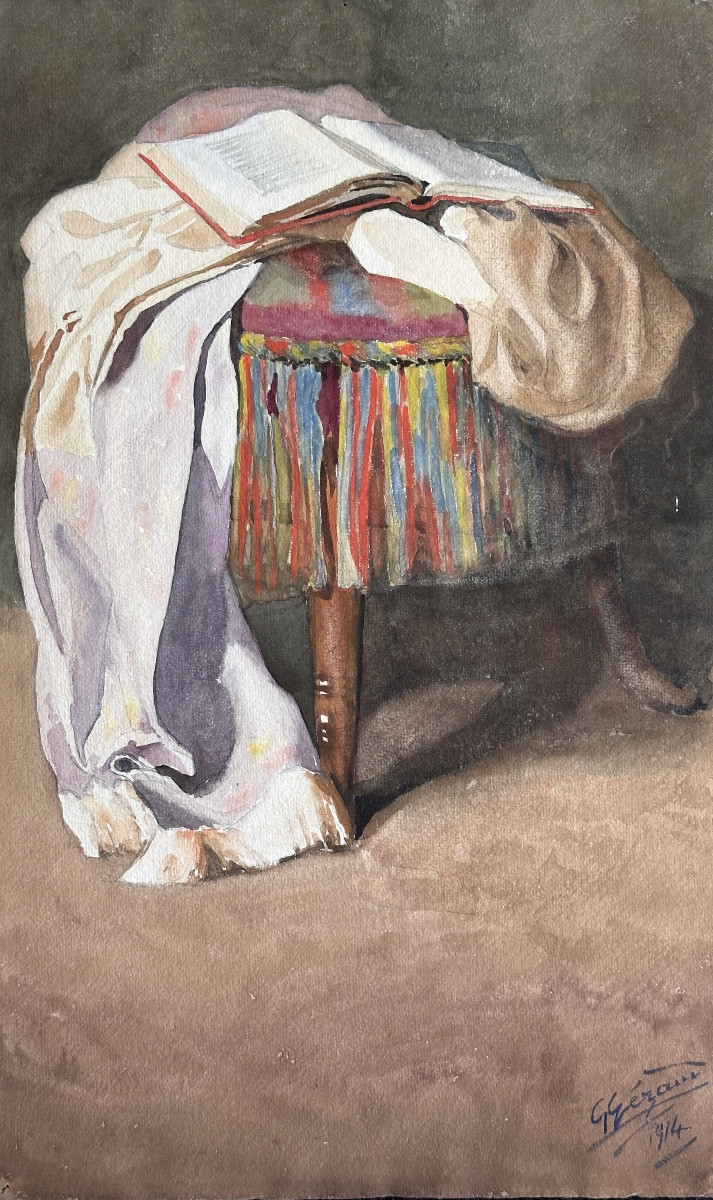 Antique Watercolor Still Life With Book Draped Fabric Pouf Art Nouveau 
