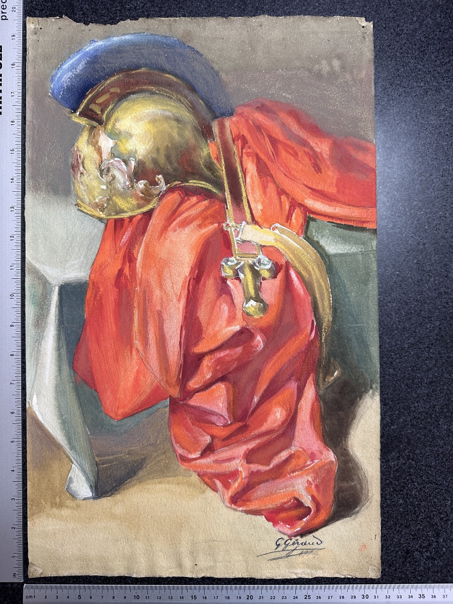 Still Life With Roman Legionary Outfit, Theater Decor Signed Art Nouveau Peplum Decor-photo-7