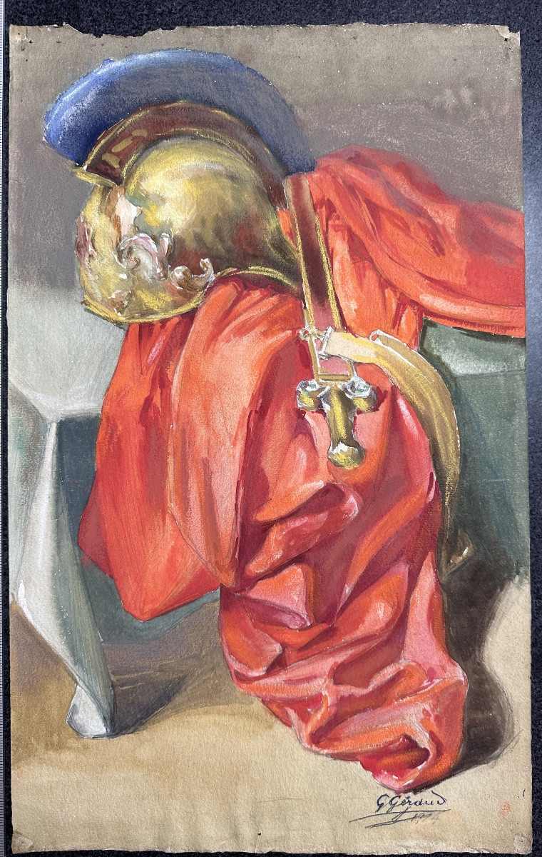 Still Life With Roman Legionary Outfit, Theater Decor Signed Art Nouveau Peplum Decor