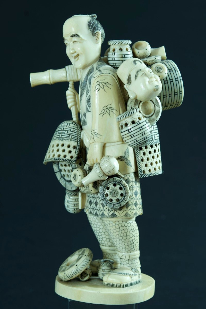 Subject Portrait Man Mask Street Merchant Carved China Ancient Japan Asia Okimono-photo-2