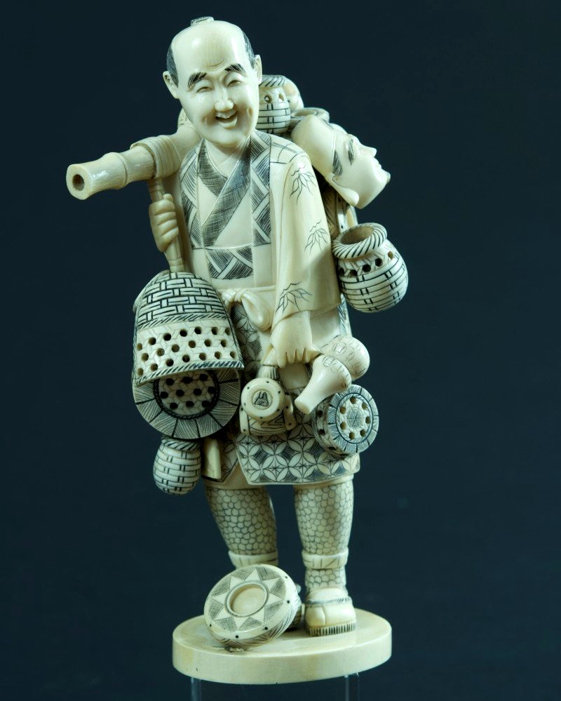 Subject Portrait Man Mask Street Merchant Carved China Ancient Japan Asia Okimono