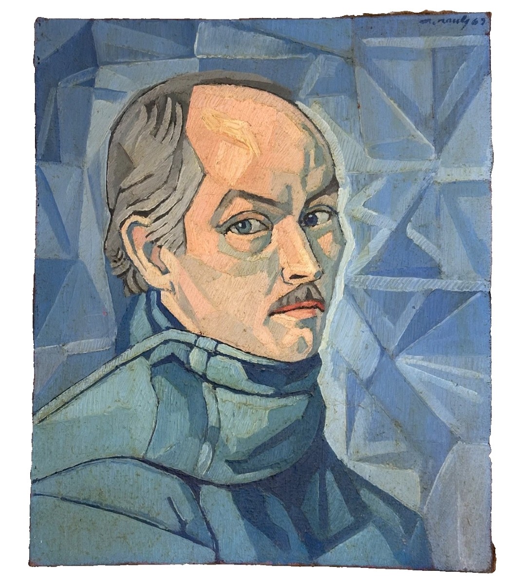 MICHEL RAULY  Beau portrait moderne cubisme  autoportrait a l'écharpe    LOUIS SALA