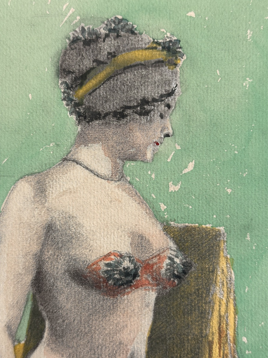Ancienne Aquarelle Art Nouveau GERAUD Portrait Femme  Odalisque -photo-1