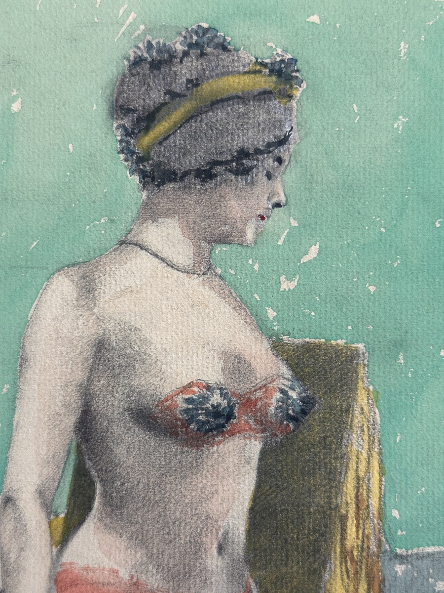 Ancienne Aquarelle Art Nouveau GERAUD Portrait Femme  Odalisque -photo-3