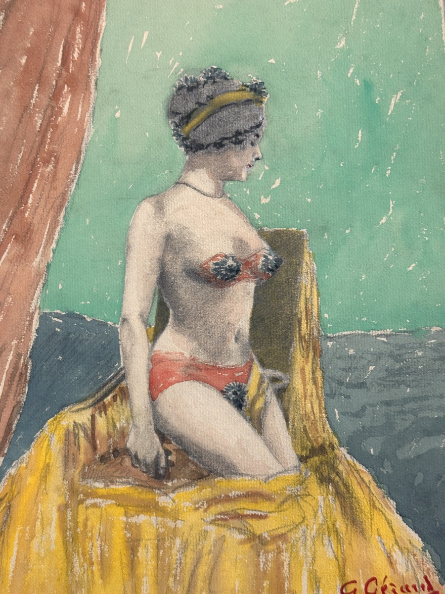 Ancienne Aquarelle Art Nouveau GERAUD Portrait Femme  Odalisque -photo-5