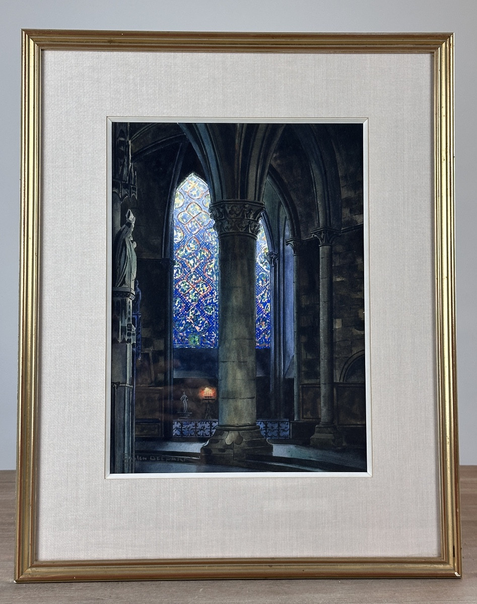 Gaston Delpard Watercolor Drawing Interior Of Church Chartres Cathedral Gothic Stained Glass Windows -photo-2
