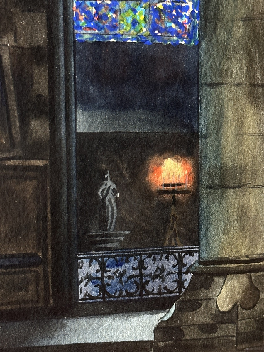Gaston Delpard Watercolor Drawing Interior Of Church Chartres Cathedral Gothic Stained Glass Windows -photo-1