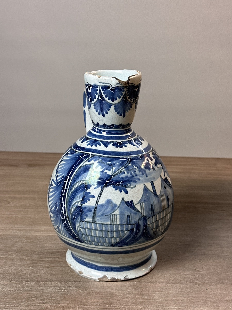 Antique Nevers Faience Pitcher With White And Blue Decor, 18th Century, Folk Art Kitchen-photo-1