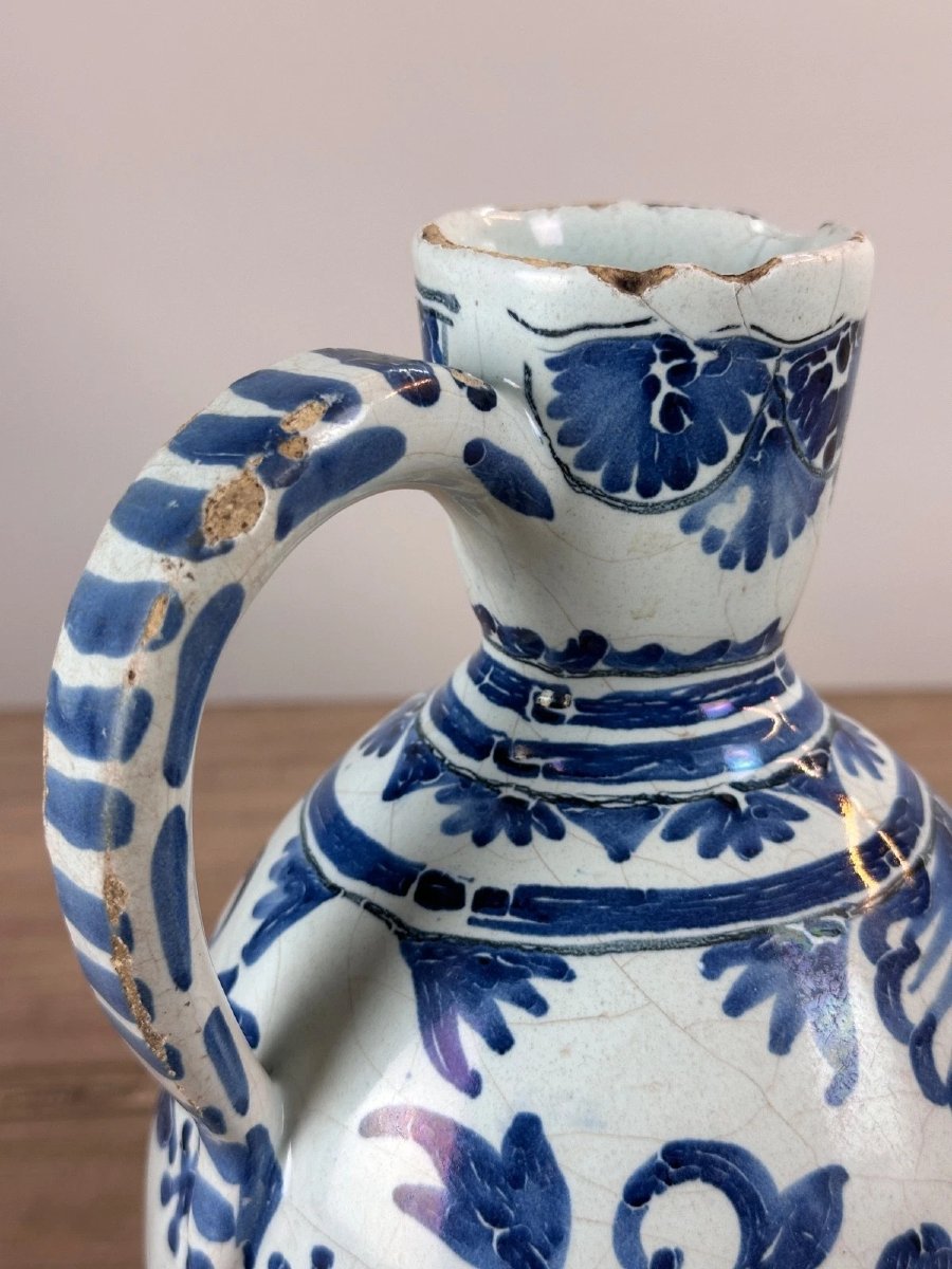 Antique Nevers Faience Pitcher With White And Blue Decor, 18th Century, Folk Art Kitchen-photo-5