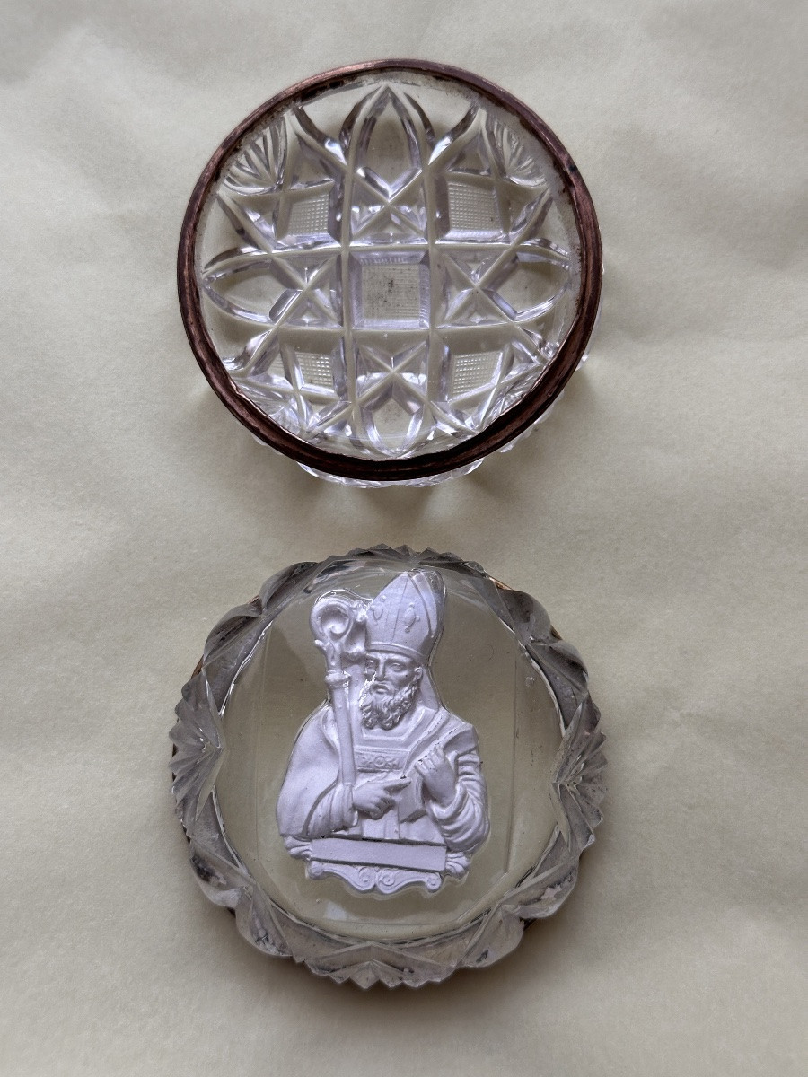 Crystal-ceramic Fly Box Portrait Of Saint Augustine Baccarat Reliquary 19th Century-photo-2