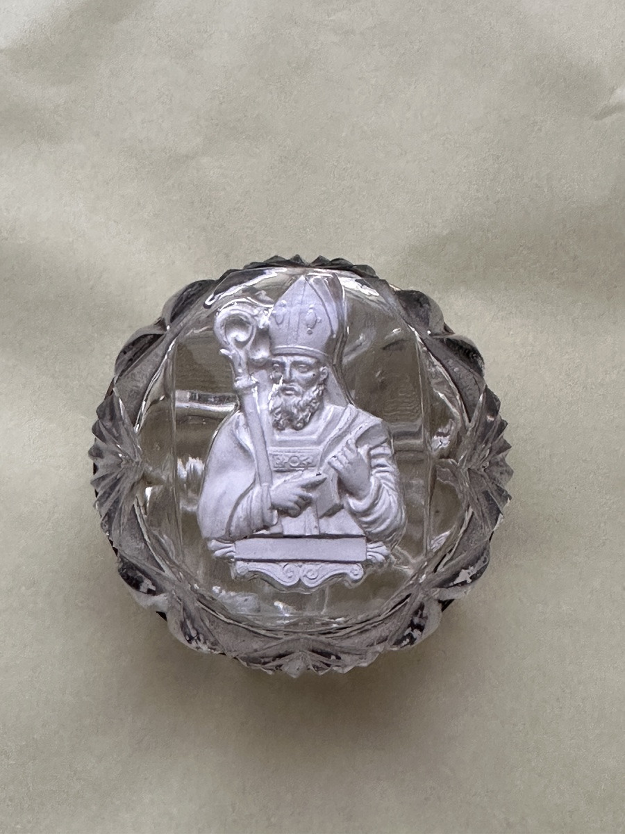 Crystal-ceramic Fly Box Portrait Of Saint Augustine Baccarat Reliquary 19th Century-photo-5
