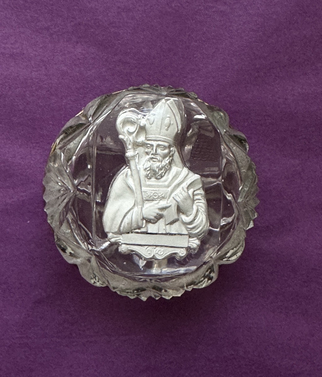 Crystal-ceramic Fly Box Portrait Of Saint Augustine Baccarat Reliquary 19th Century